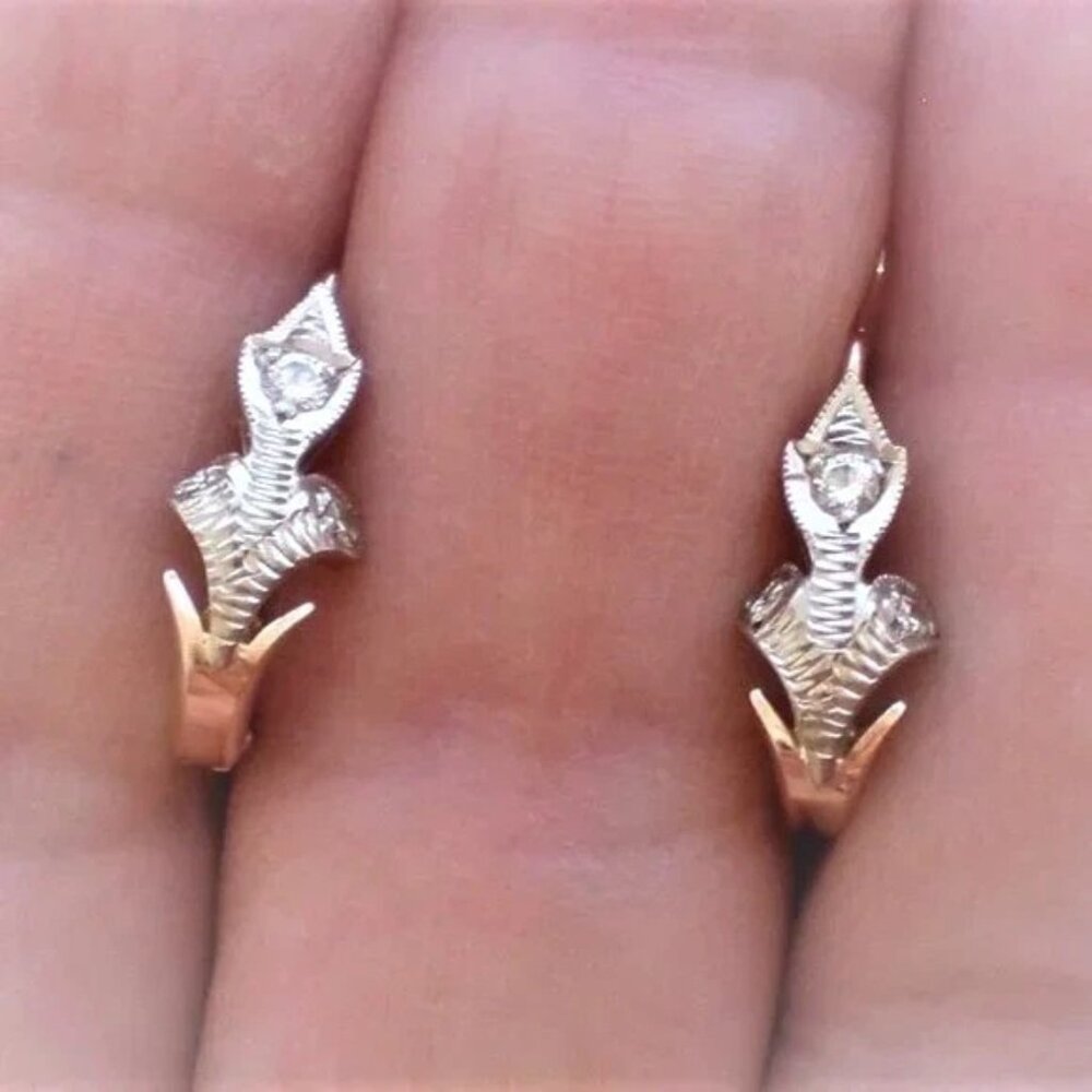 Vintage Russian Solid 14K Rose Pink White Gold Diamond Leaf Pierced EARRINGS